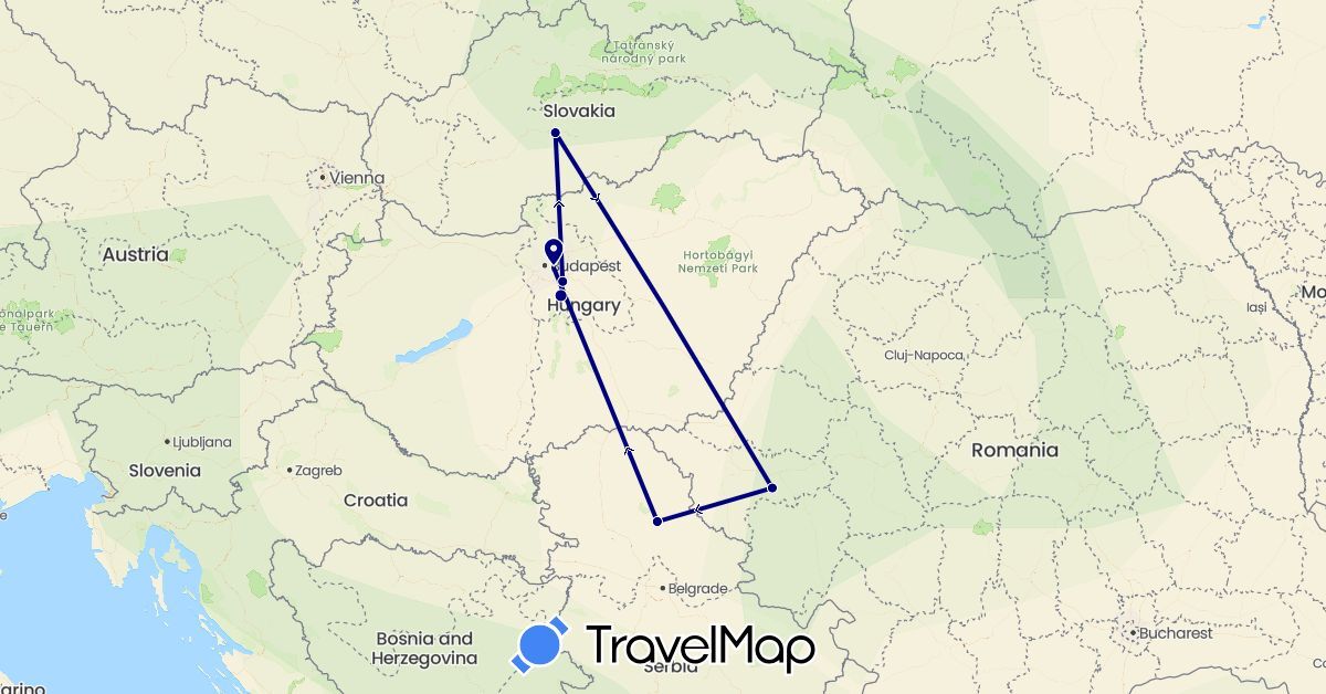 TravelMap itinerary: driving in Hungary, Romania, Serbia, Slovakia (Europe)